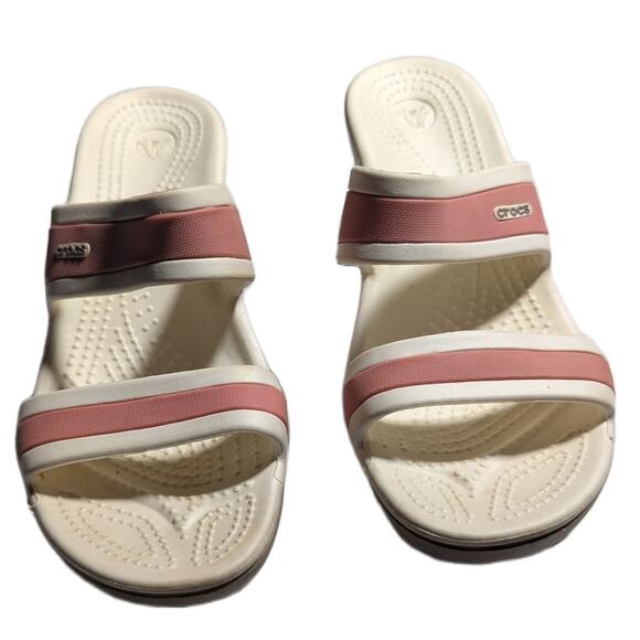 Crocs Shima Pink White Double Strap Taupe Wedge Heel Comfort Slide Sandals Sz 7 - Picture 2 of 5